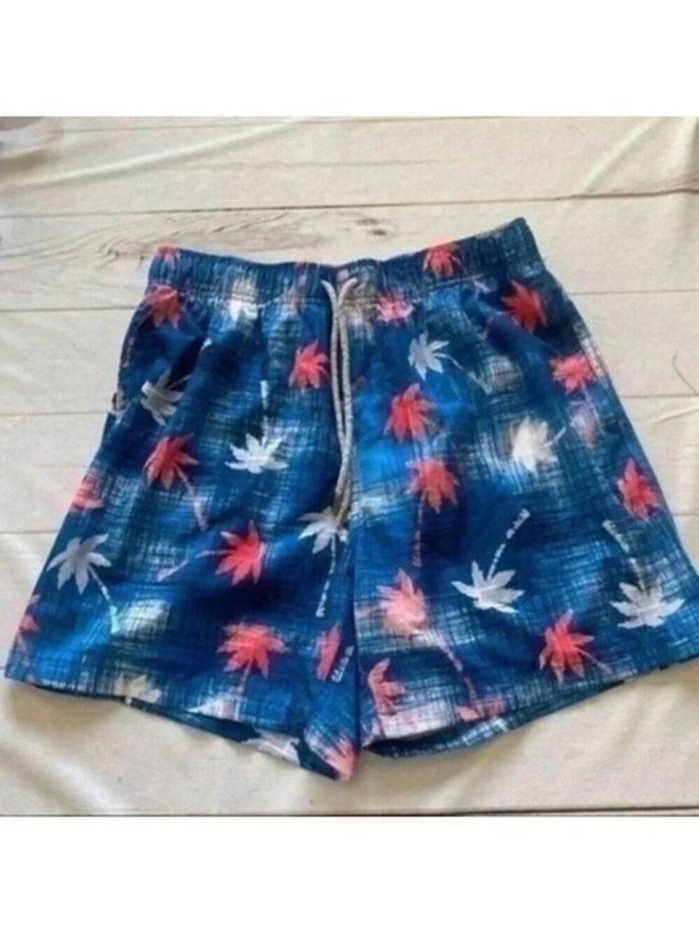 Vintage Summer Swimwear Men’s Swim Shorts Blue/Pink Palm Trees Size Large